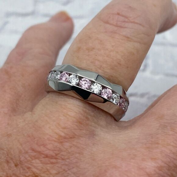 Stainless Steel Eternity Ring With Clear & Pink CZ - Picture 5 of 6